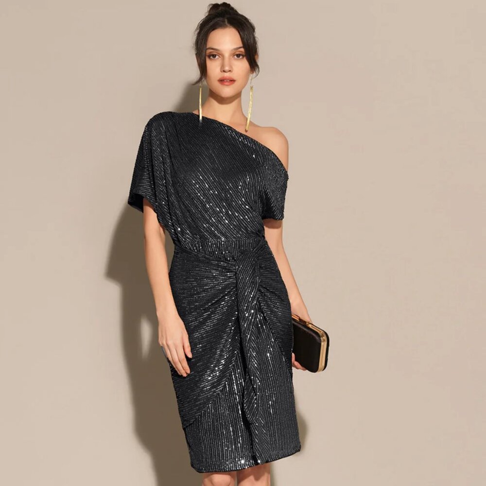 Grace Karin Black Sequin One-Shoulder Dress | XL (Fits Like L) | NWT